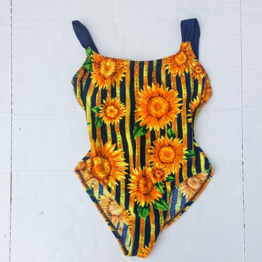Vintage Sessa Sunflower One Piece Swim Suit-Size 8-Shelf Bra-Made In USA-90s